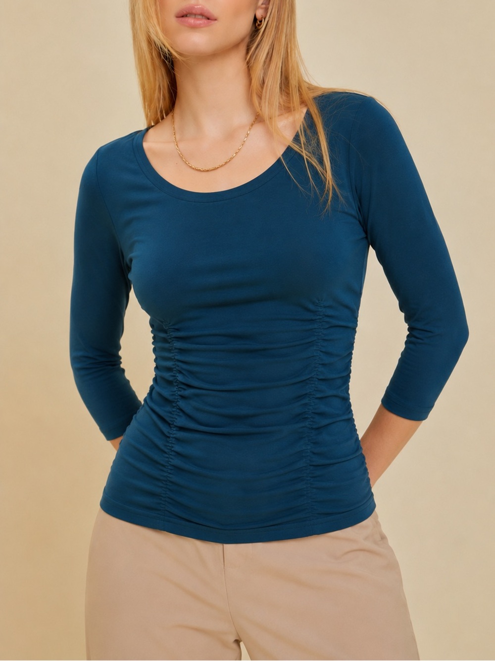 Women’s Magdalena Turquoise Ruched 3/4 Sleeve Top